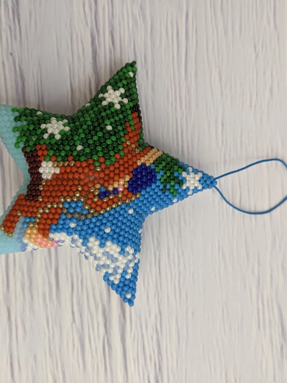 Handmade Blue Beaded Star Holiday Ornament - Cute Bunny Design